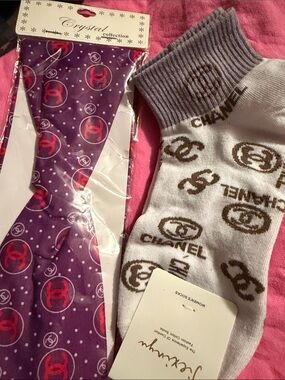 White & Gray Logo Crew Socks and purple logo headband